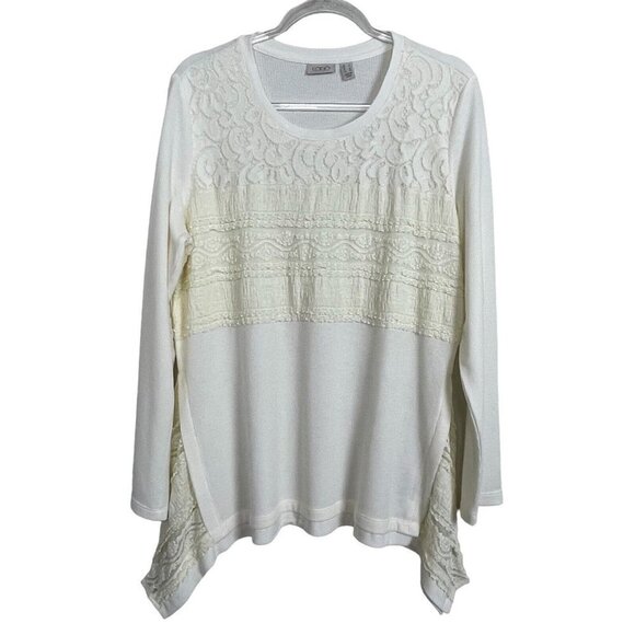 Logo Lori Goldstein Waffle Knit Lace Ivory‎ Tunic Top Size L - Picture 1 of 6